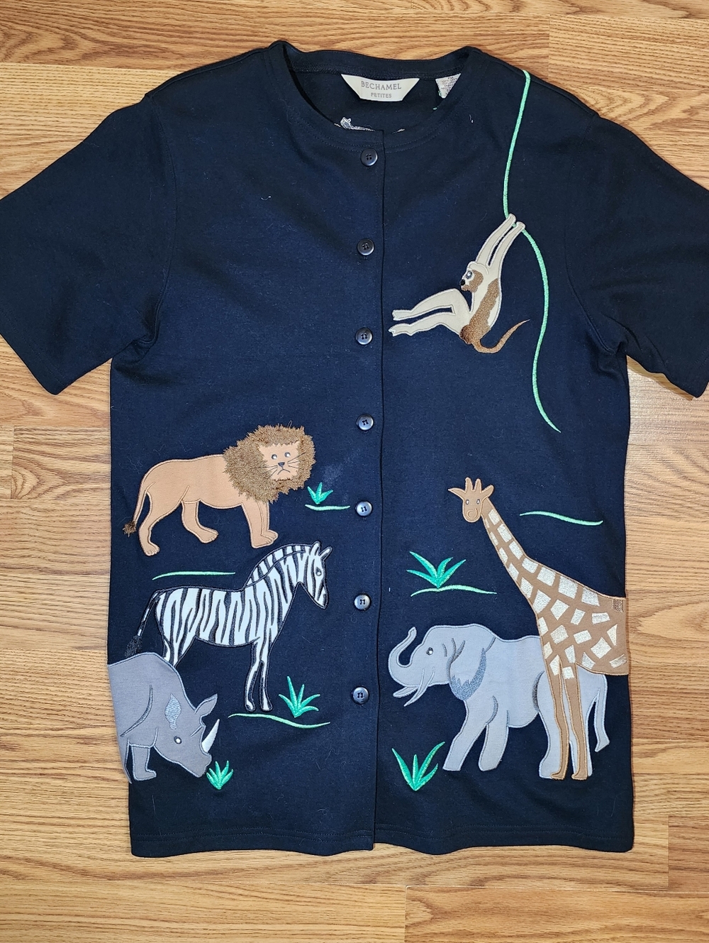 Vintage Womens Top Blouse Safari Monkey Zebra Tiger Size PM Short Sleeve